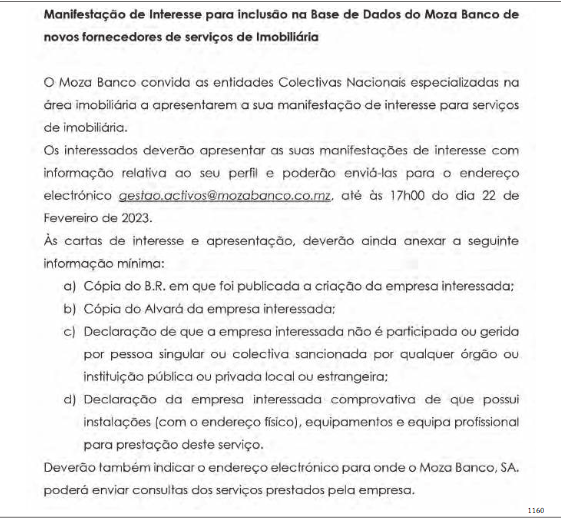 Expression of Interest for Inclusion in moza banco's Database of New  Suppliers of Real Estate Services • 360 Mozambique